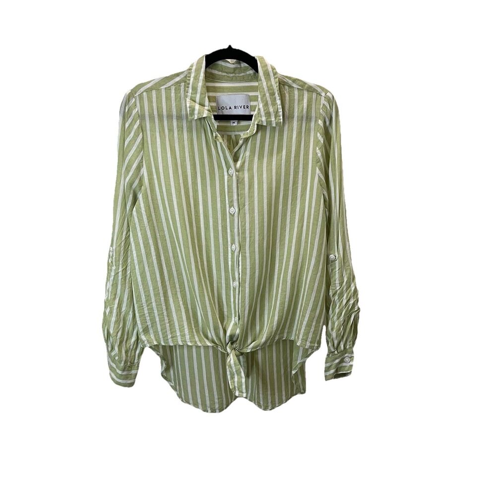 Lola River Womens Green White Striped Tie Knot Roll Tab Sleeve Button Up Shirt M